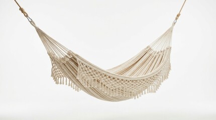Obraz premium Boho macrame hammock with fringe, cream cotton rope hanging chair, woven textile swing for garden relaxation and interior decor on white background