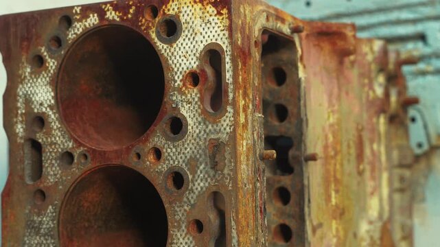 Close up of engine cylinders with rust and gasket surface