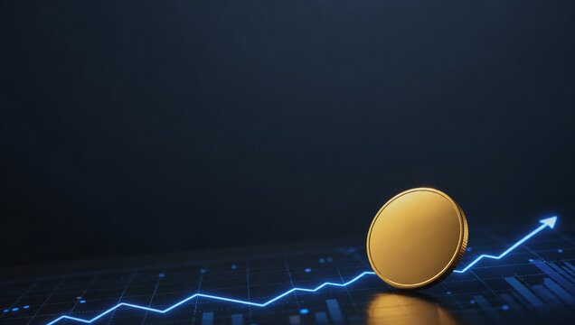 Finance technology abstract ui concept with gold coin and glowing blue line graph showing growth on dark background