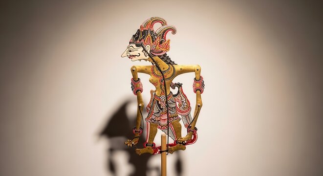 Intricate Wayang Kulit Shadow Puppet Displayed Against a Softly Lit Background.