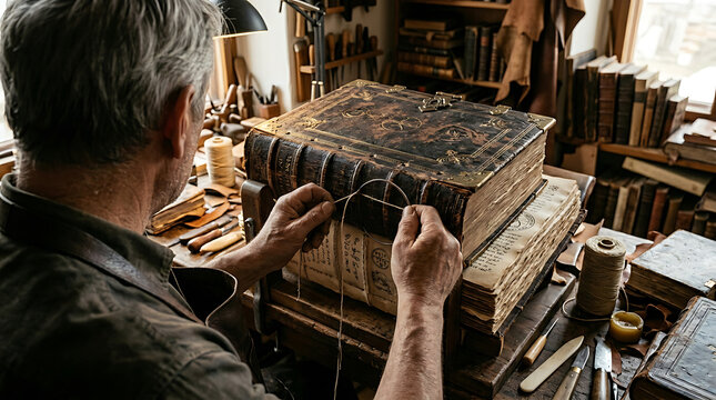 Man repairing old book in workshop