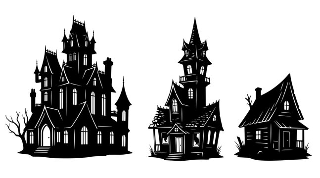 Spooky Halloween silhouette set of haunted houses and a small cabin on white background