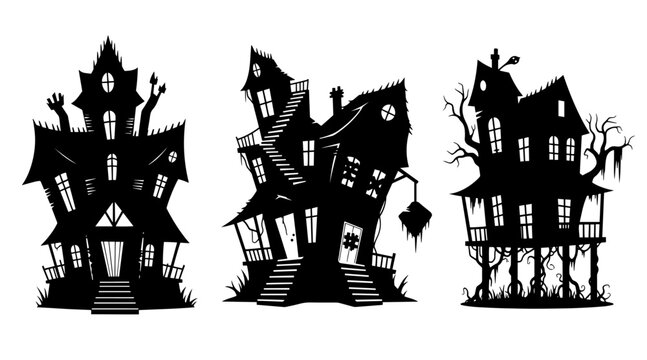 Set of three spooky haunted house silhouettes for Halloween, with crooked architecture and eerie details against a white background.