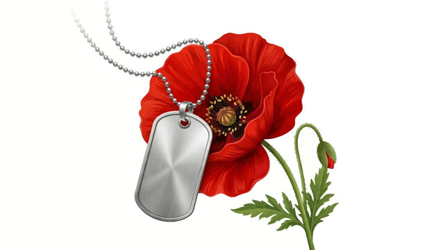 Red poppy flower with silver dog tag necklace Remembrance Day symbol