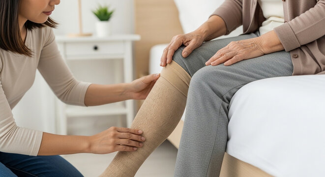 Nurse or daughter assisting a senior patient with wearing compression socks for leg health and recovery in a bright bedroom setting.