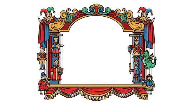 Puppet Theater Stage Frame with Jester and Knight Figures