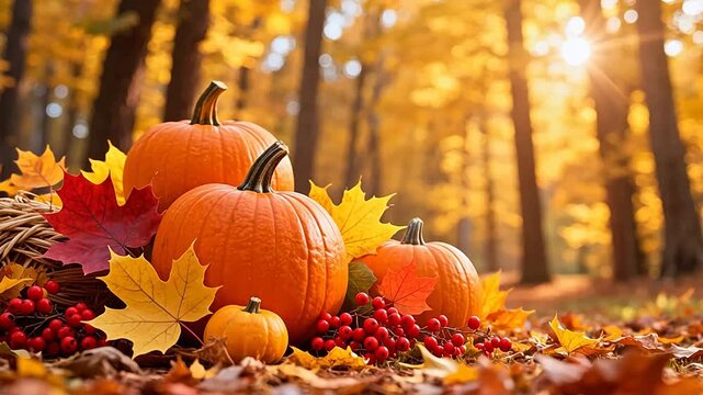Orange pumpkins and colorful leaves in autumn forest