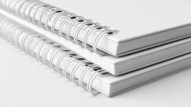 Close-up of three spiral-bound notebooks stacked with blank white covers