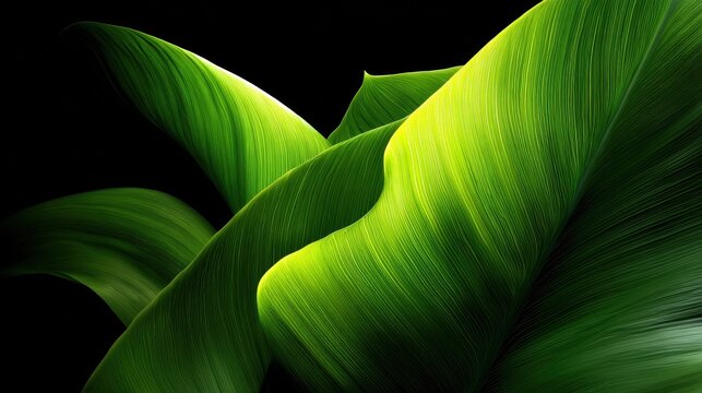 Close-up of large tropical green leaves with smooth texture and vibrant color