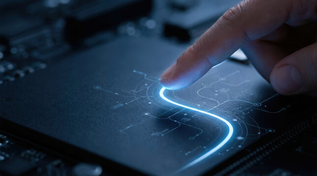 Finger guiding light streak technology circuit digital futuristic interface innovation human interaction glowing electronic close up control touch