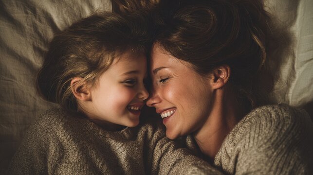 Mother and Daughter Lying Close Together on Bed Smiling Joyfully