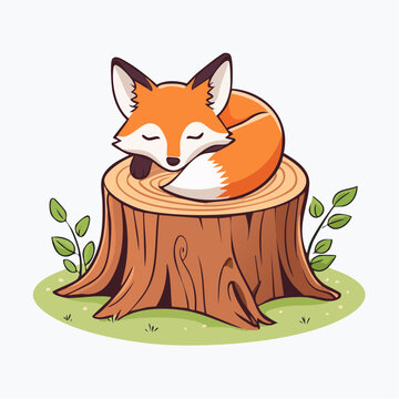 Cute cartoon fox sleeping on a tree stump
