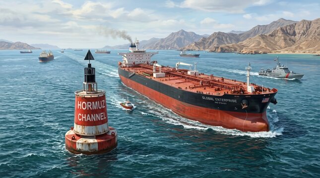 Large oil tanker navigating hormuz channel near buoy with escort vessels in busy maritime shipping lane