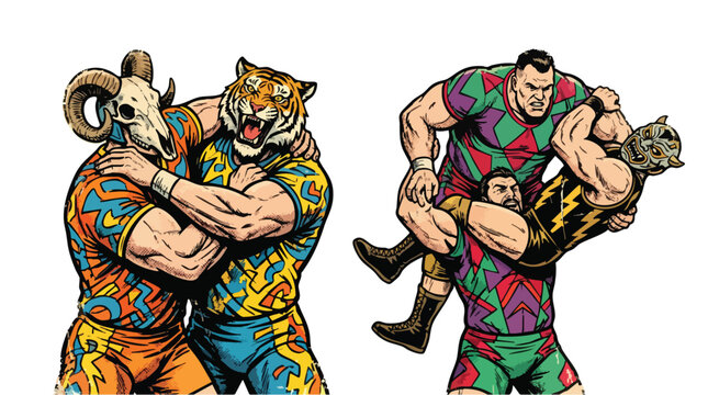Illustration of wrestlers in colorful costumes with animal masks
