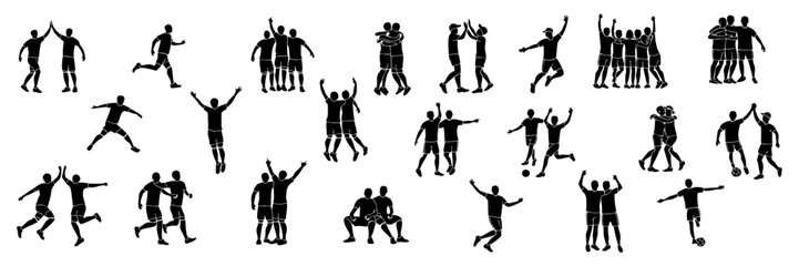 Obraz premium Sports team celebration silhouette set, soccer players high five and celebrating together, hugging each other, cheering and winning together, various victory gestures and sportsmanship vector set.