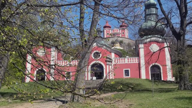 Baroque Calvary church complex in Banska Stiavnica, Slovakia, a UNESCO world heritage site. Beautiful sunny day with clear blue sky