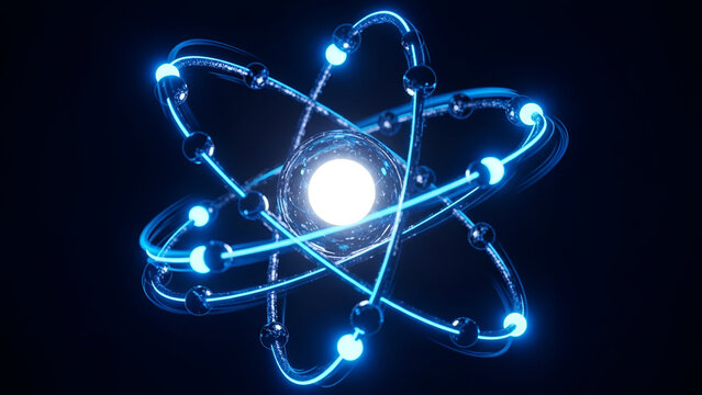 Glowing blue atom structure featuring a bright central nucleus with orbiting electrons set against a deep dark black background