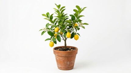 Fototapeta premium Potted lemon tree with ripe yellow fruit, indoor citrus plant in terracotta pot, organic Meyer lemon bush on white background