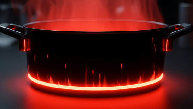 Large black metal cooking pot sitting on a glowing hot induction stove burner with vibrant red flames rising upwards intensely