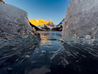 Cerro Torre at Sunrise Framed by Ice Blocks Laguna Torre Patagonia © Aimé 