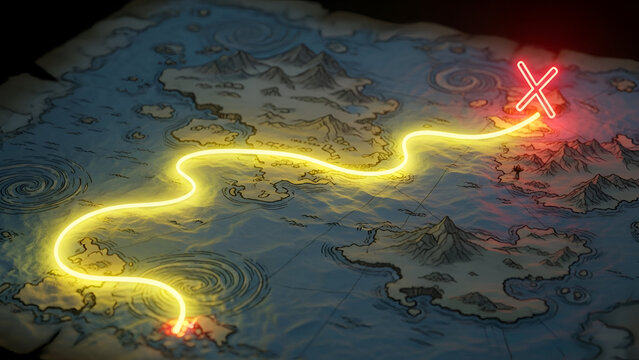 Detailed vintage parchment treasure map featuring a glowing golden path leading to a bright red neon cross marked destination point