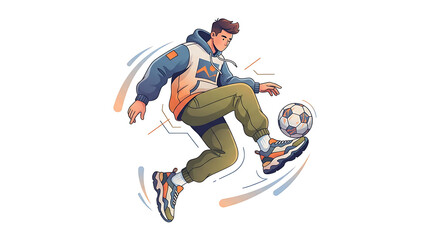 Fototapeta premium Illustration of a man with a ball, an active boy in cartoon winter fashion vector illustration is juggling a soccer ball, in free style.