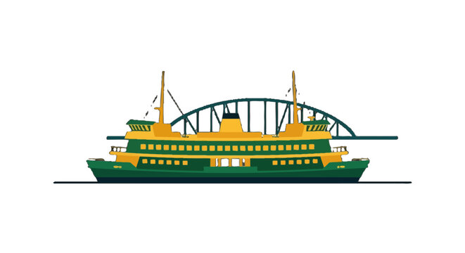Colorful vintage passenger ferry with arched bridge background.