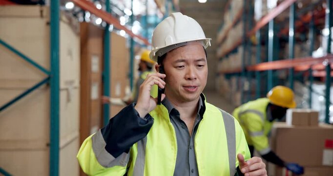 Angry, logistics and phone call with man in storage facility for delivery backlog or shipping delay. Communication, frustration and supply chain with employee in factory or plant for inspection