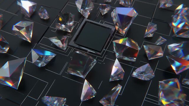 Crystal 33 microchip surrounded by sparkling crystals on a sleek black circuit board background