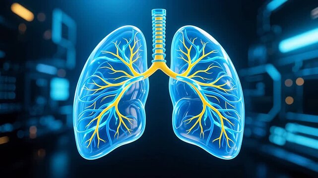 Blue 3d lung model with yellow bronchi