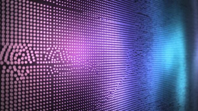 Abstract digital screen display with glowing purple and blue dots creating a futuristic technological pattern