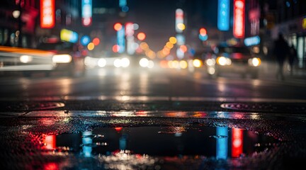 Fototapeta premium Vibrant city street reflections on wet asphalt at night.