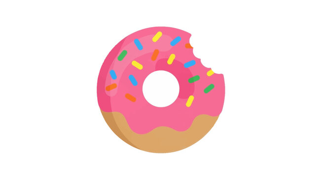 Vibrant pink donut with colorful sprinkles and a missing bite, isolated on white background