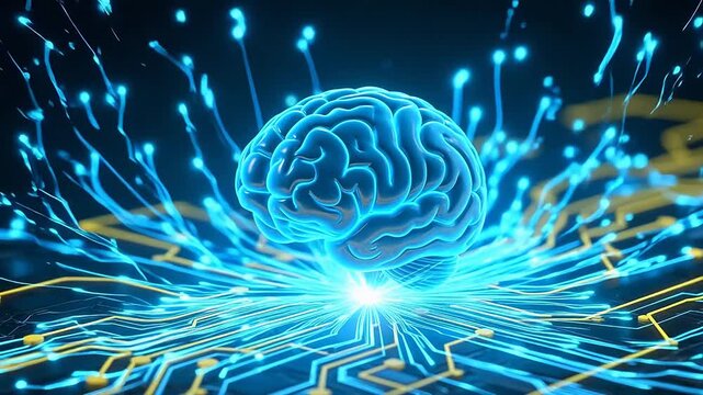 Glowing blue brain model with circuit patterns