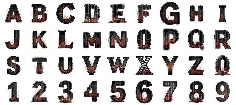 Hot grill style alphabet letters and numbers with flames.