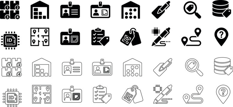 Comprehensive icon set user interface data identification and technology glyphs, vector illustration.