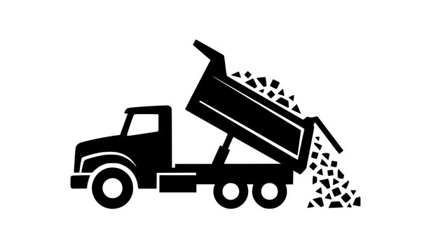 Industrial Dump Truck Silhouette with Raised Trailer and Falling Load Vector Design