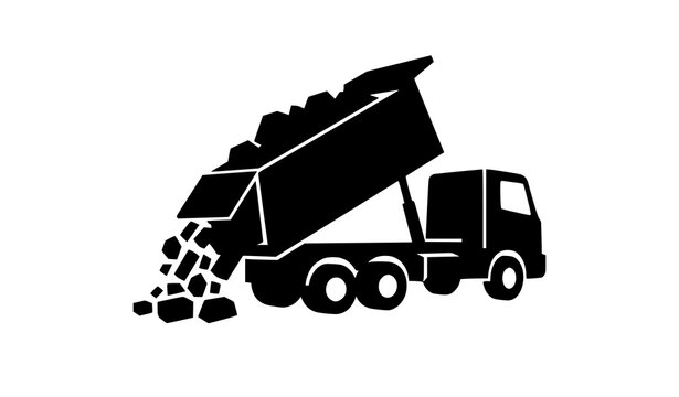 Minimal Black Dump Truck Icon Tipping Sand Load Industrial Transport Vector