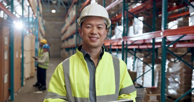 Logistics, face and man with tablet, factory and supervisor with pride for stock, happy and shipping. Confident, industrial engineer and person with tech for distribution or supply chain in warehouse