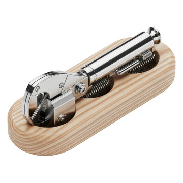 Modern chrome nutcracker tool with wooden base for kitchen use cutout on transparent background