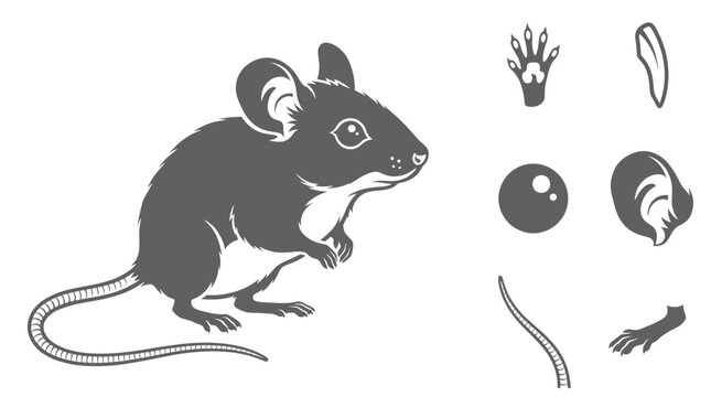 Grey mouse silhouette vector infographic sheet displaying animal body parts paw print claw eye ear tail and leg white background.