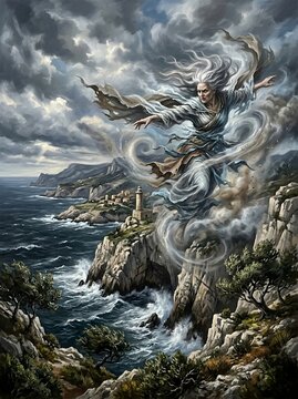 Personification of the Mistral wind as wild white-haired spirit rising over Mediterranean rocky coastline with lighthouse in dramatic storm