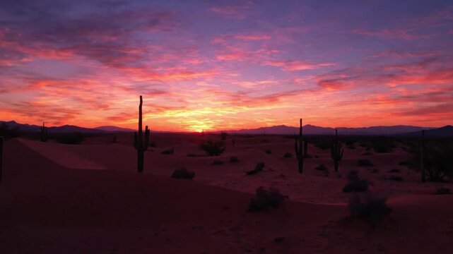 Vibrant Desert Sunset with Saguaro Cactus Silhouettes and Dramatic Sky