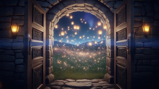 Enchanting ancient stone wall with ornate wooden door slowly opening, revealing a magical night field filled with glowing fireflies and floating