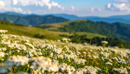 Obraz premium Vast Mountain Meadow Carpeted with White Wildflowers Under a Blue Sky.