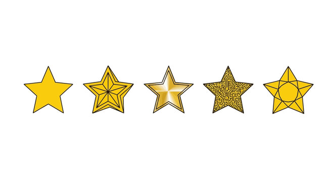 A collection of five unique golden star shapes arranged in a horizontal row