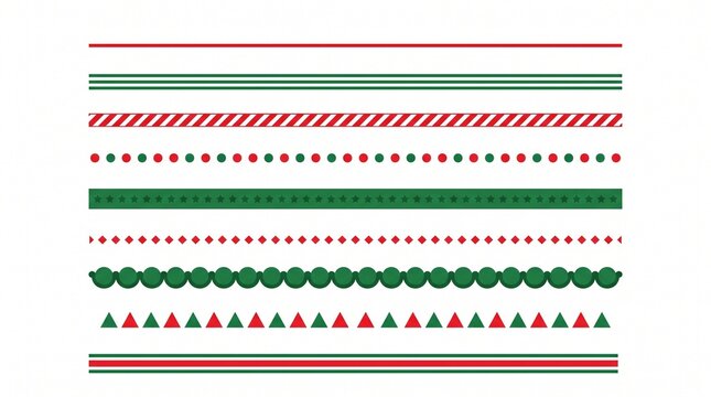 A vibrant set of Christmas-themed decorative borders and dividers featuring festive red and green geometric patterns, stripes, dots, and stars isolated on a white background.