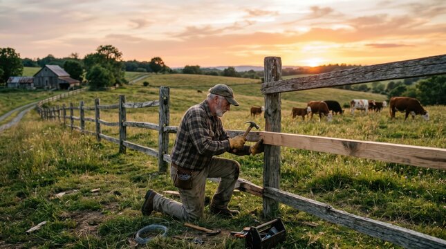 Farmer repairing wooden fence on rural pasture at sunset with grazing cows farmhouse distant and tools on grass