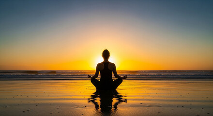 Fototapeta premium Silhouette of Woman Meditating on Beach at Sunset, Mindfulness and Yoga Concept