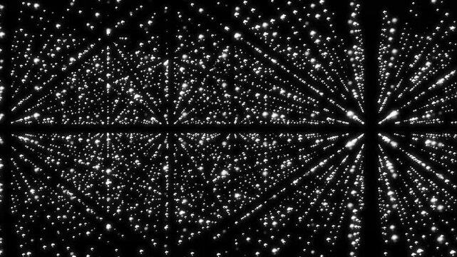 A stunning video showcasing a mesmerizing black and white starfield with radiant lines and dots in a celestial pattern